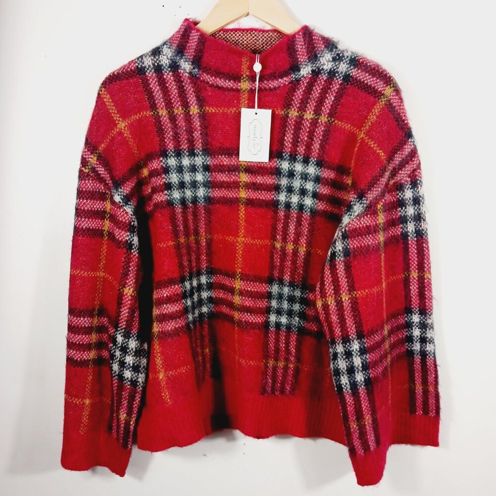NWT Mudpie, Red Jenson Plaid, Mock, Pullover Sweater, Wide Sleeve, Sz Small Cozy - Picture 5 of 16